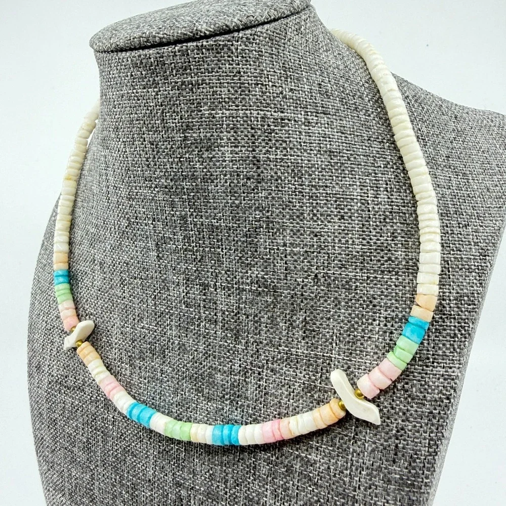 Pastel Heishi Bead Bird Necklace White Blue Pink Boho Coastal Statement Gift